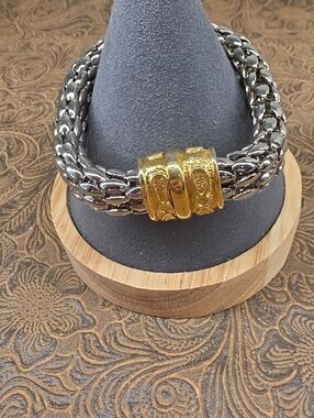 Vintage Two Tone Silver Gold Curb Chain Magnetic Clasp Closure Boho Bracelet